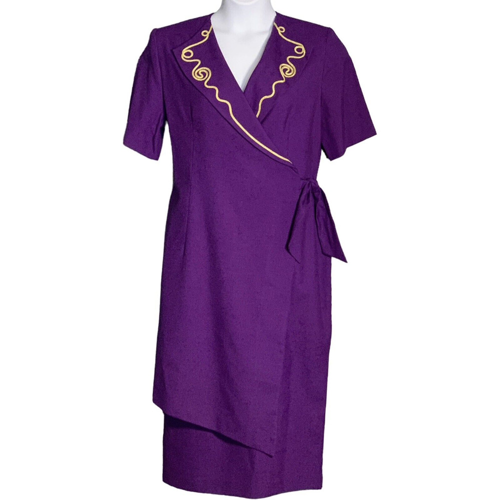 Vintage 90s Spiegel Purple Wrap Dress Gold Embroidered Short Sleeve NWT Size 12